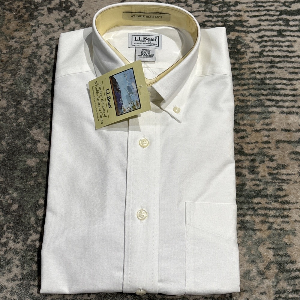 NWT L.L. Bean Men's Wrinkle-Free Oxford Shirt Dress White 14.5 x 32 Traditional